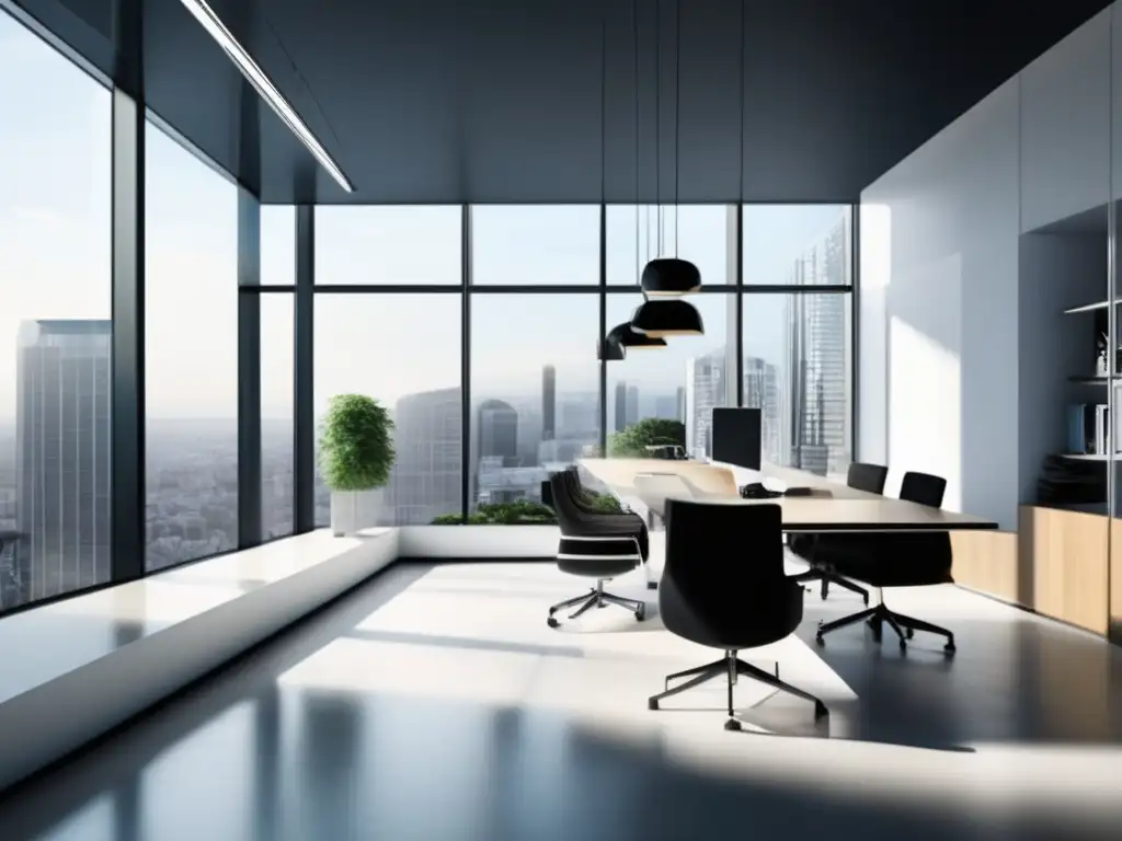 Espacio de trabajo moderno y minimalista Imagen: Oficina moderna con luz natural y persona trabajando en contenido persuasivo para marketing de afiliados