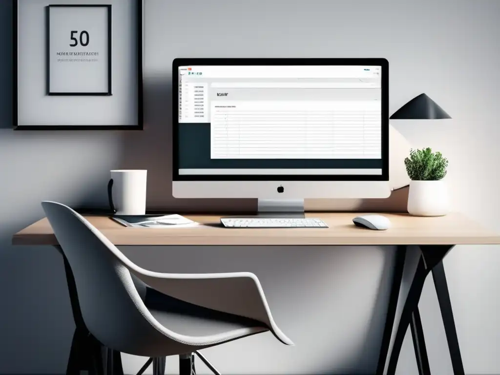 Espacio de trabajo minimalista y moderno Oficina minimalista con escritorio blanco, monitor, teclado inalámbrico y recursos de marketing de afiliados