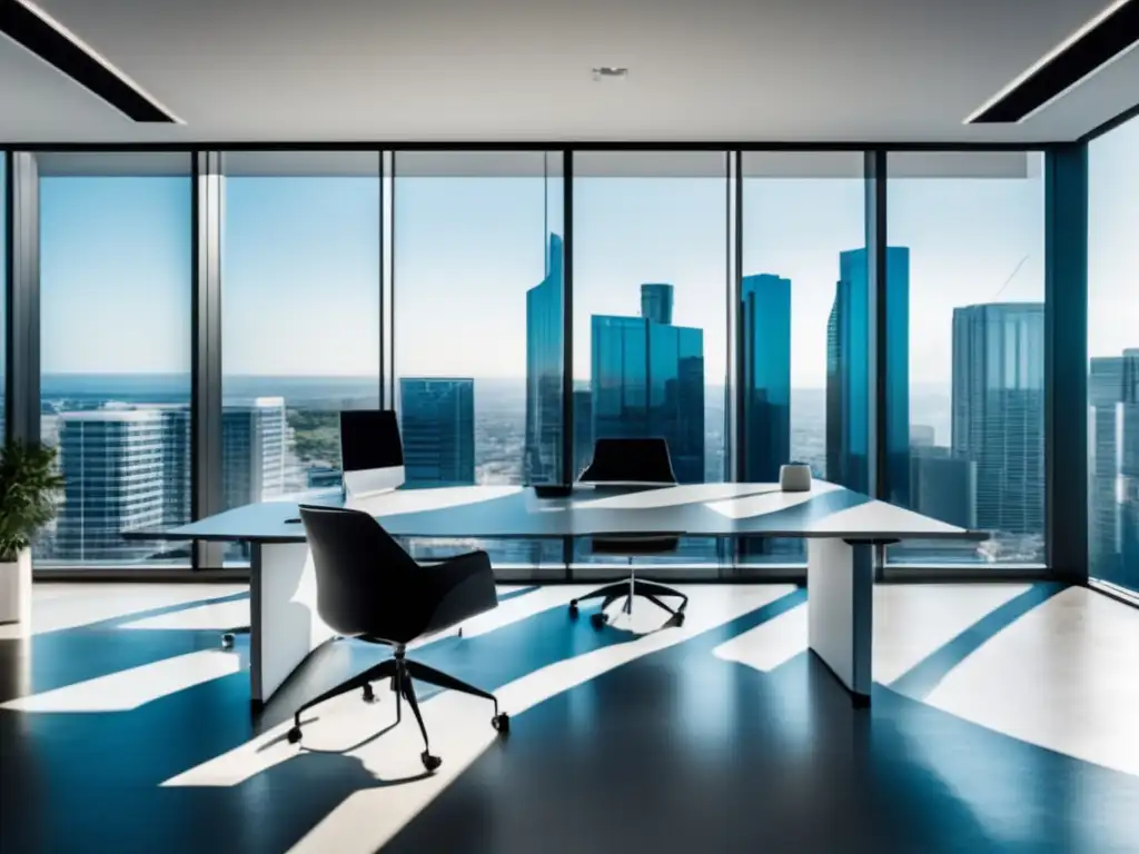 Oficina moderna con luz natural y vista a la ciudad Espacio de oficina moderno y minimalista con luz natural, mostrando casos de éxito en marketing de afiliados