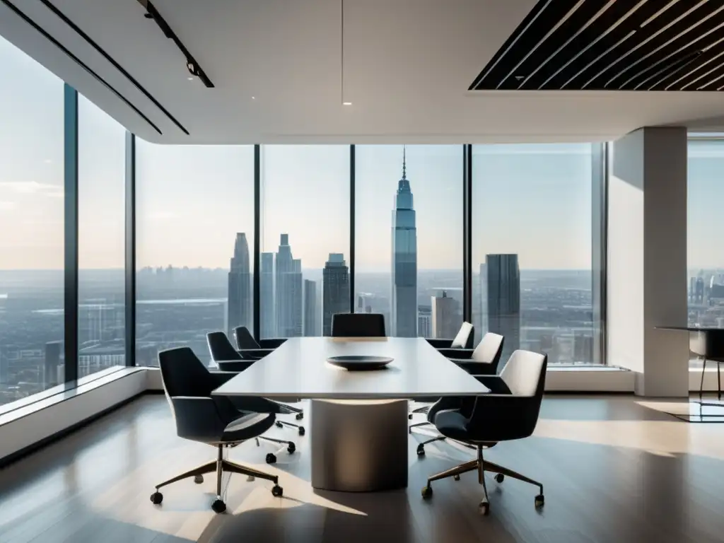 Oficina moderna con vista a la ciudad y gráfico de éxito Oficina moderna con vista a la ciudad: diseño minimalista, colores neutros y mobiliario contemporáneo