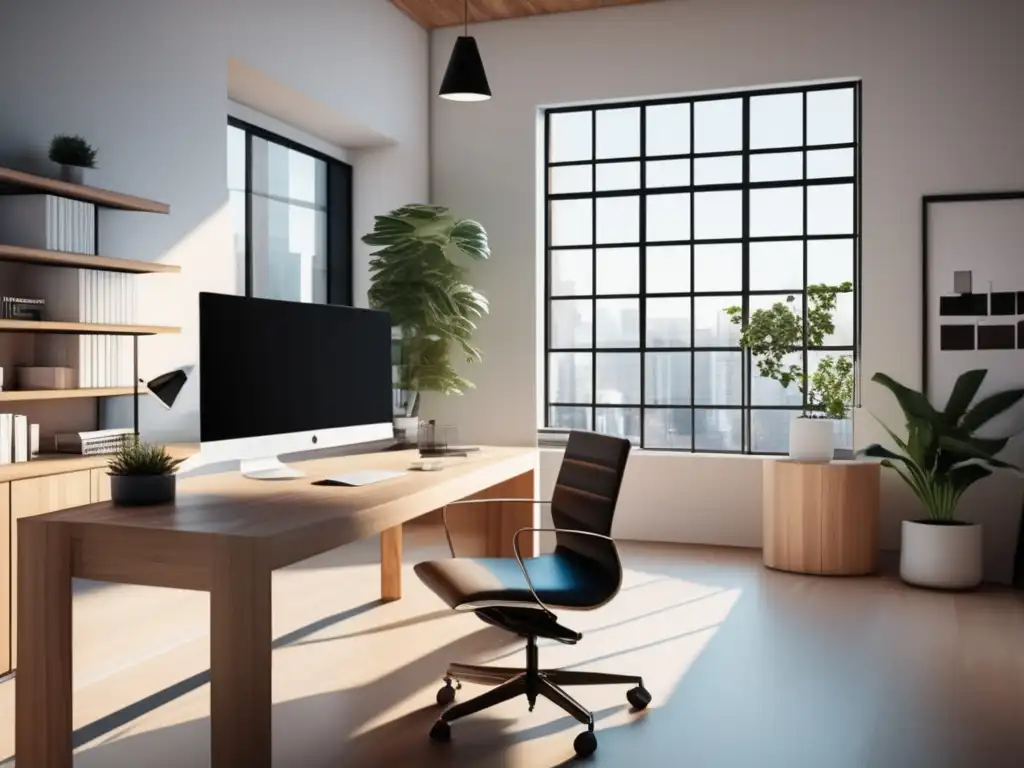 Oficina moderna y elegante con escritorio minimalista Espacio de oficina moderno y minimalista con éxito en marketing de afiliados