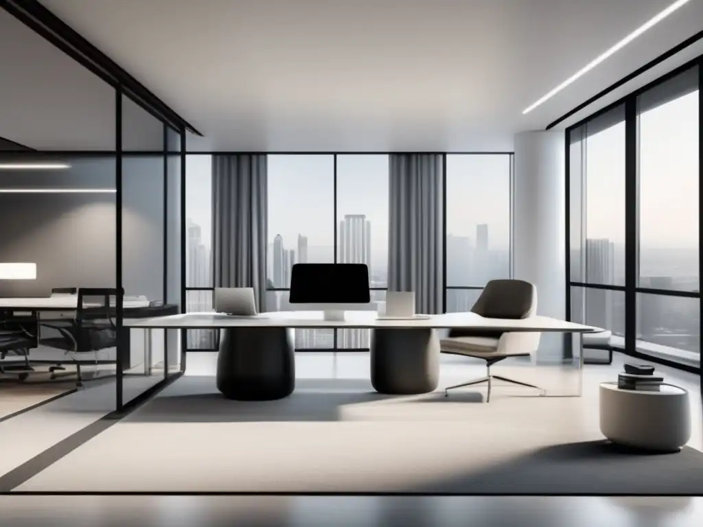 Espacio de oficina moderno y elegante Oficina moderna con ventanales, escritorio elegante y tonos neutros - Casos de éxito en el marketing de afiliados