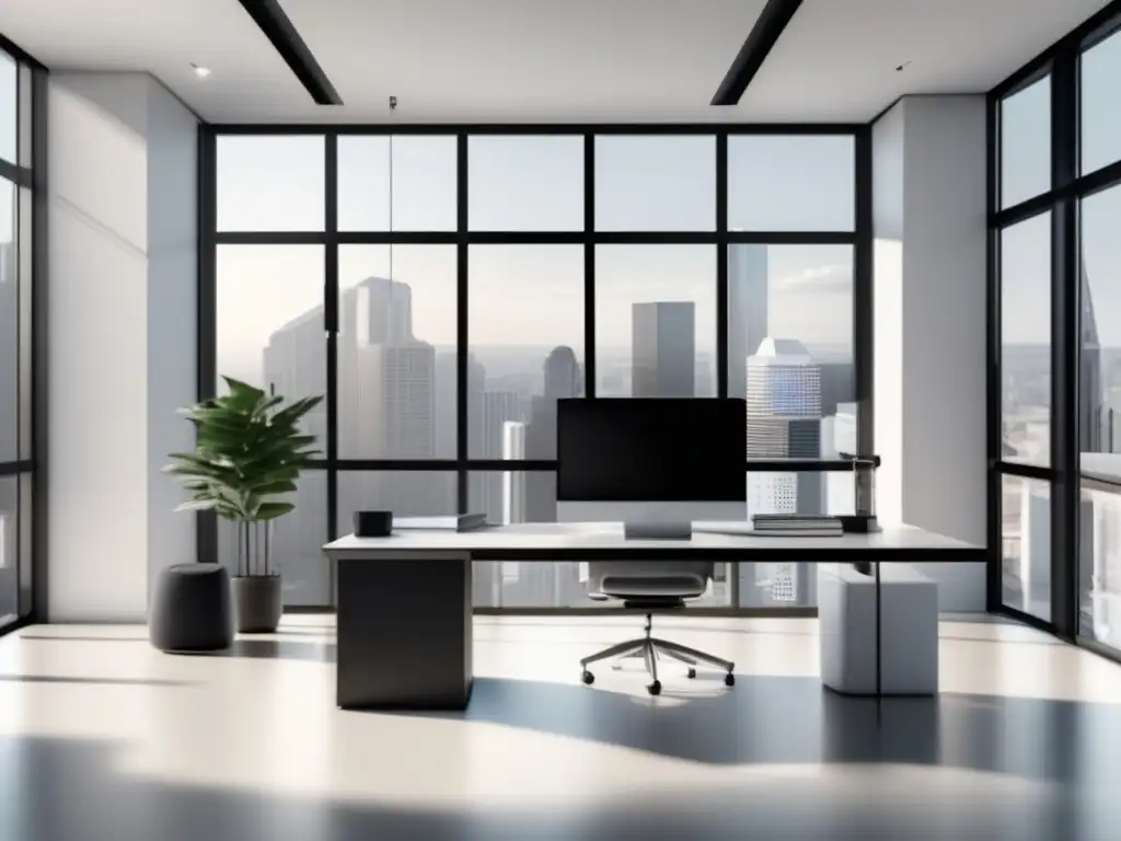 Oficina moderna y minimalista con estrategias de marketing de afiliados Oficina moderna con luz natural y estrategias avanzadas de contenido para aumentar comisiones en marketing de afiliados
