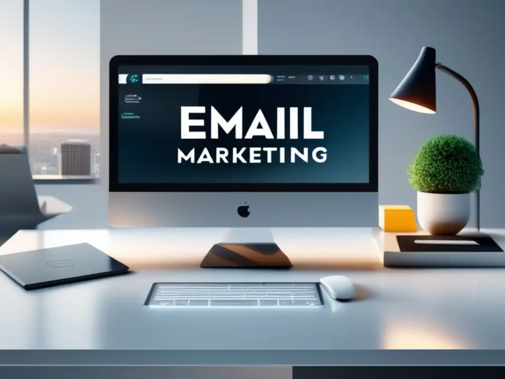 Escritorio minimalista con laptop, email marketing y vista a la ciudad Escritorio minimalista con laptop y herramientas de software de email marketing para afiliados exitosos
