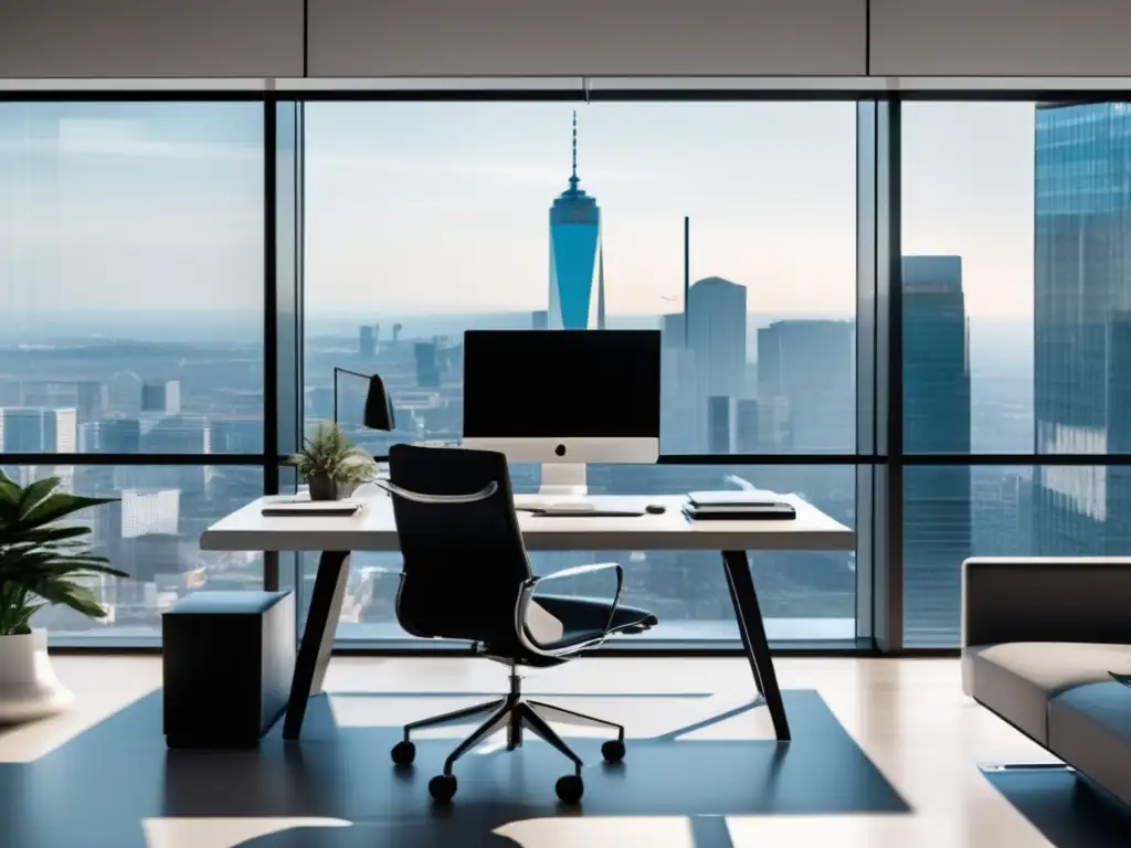 Espacio de oficina moderno y minimalista con vista a la ciudad - estudios de caso exitosos en marketing de afiliados