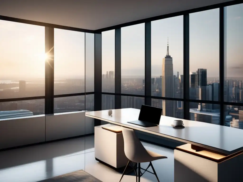 Oficina moderna con vista panorámica Un espacio de oficina moderno y elegante con vista panorámica a la ciudad, escritorio de mármol blanco, laptop, café y arte abstracto