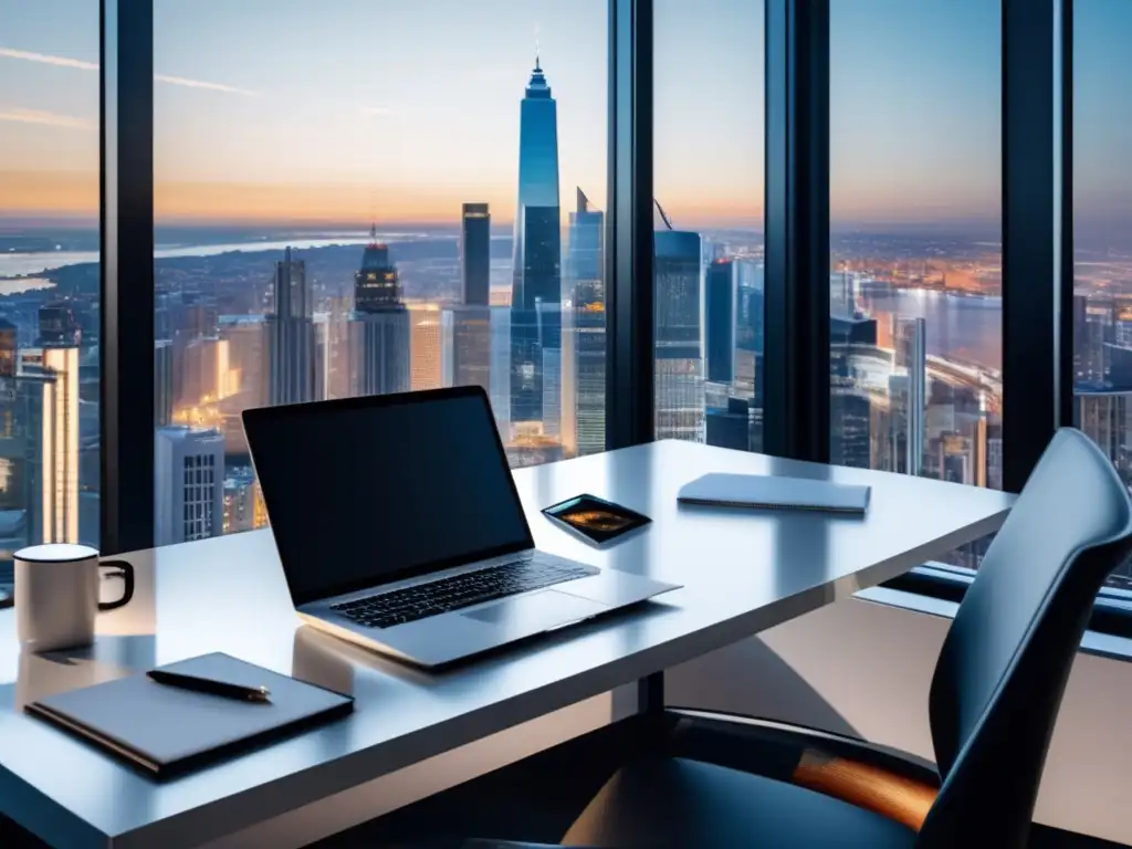 Oficina moderna con vista panorámica a la ciudad Espacio de oficina moderno y minimalista con vista panorámica de la ciudad y elementos clave para estrategias de marketing de afiliados