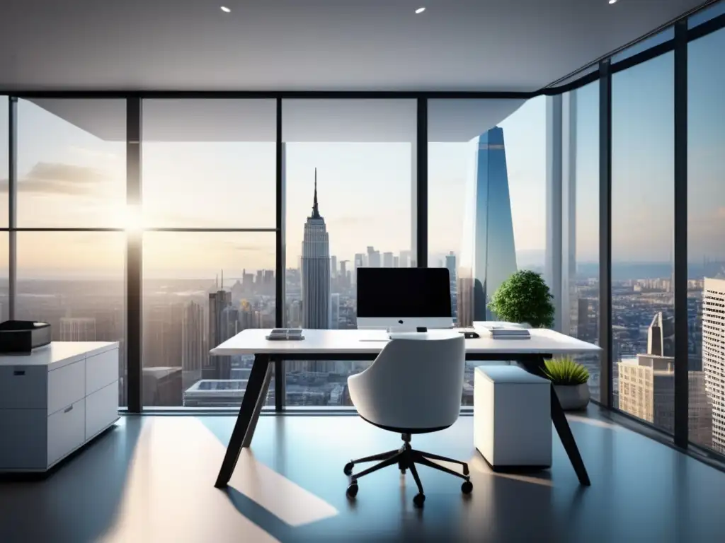 Oficina moderna con vista a la ciudad Oficina moderna y minimalista con vista a la ciudad, simbolizando el éxito en marketing de afiliados