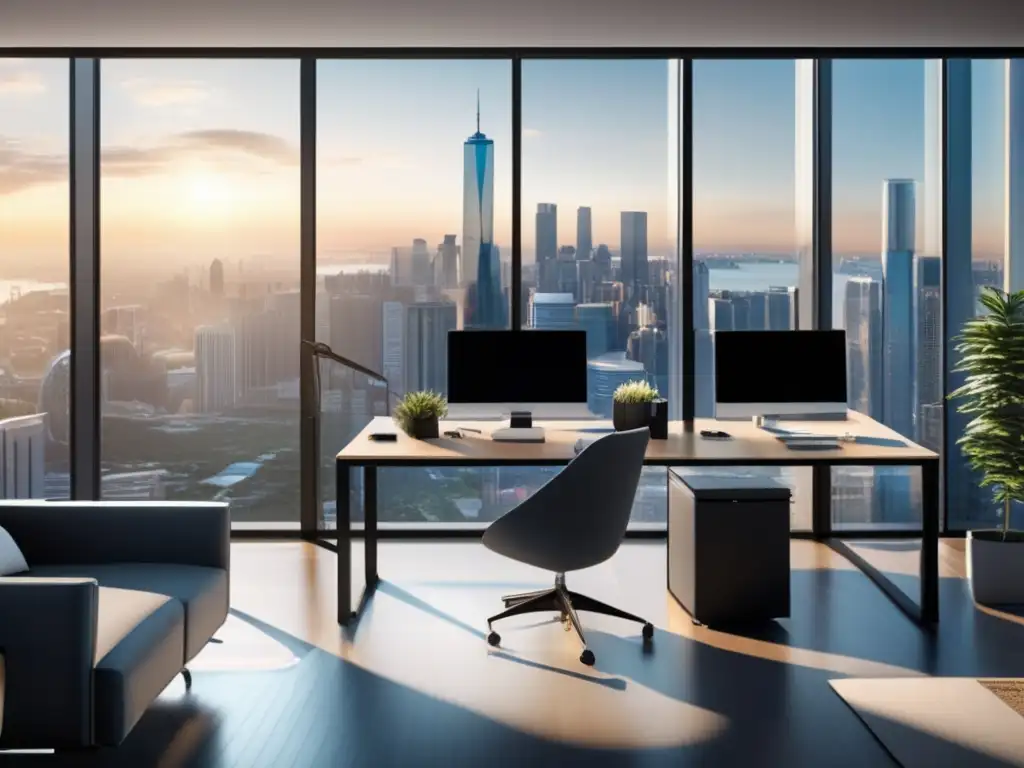 Oficina moderna con vista panorámica de la ciudad Oficina moderna con vista panorámica de la ciudad y un marketer analizando datos para maximizar beneficios en el marketing de afiliados