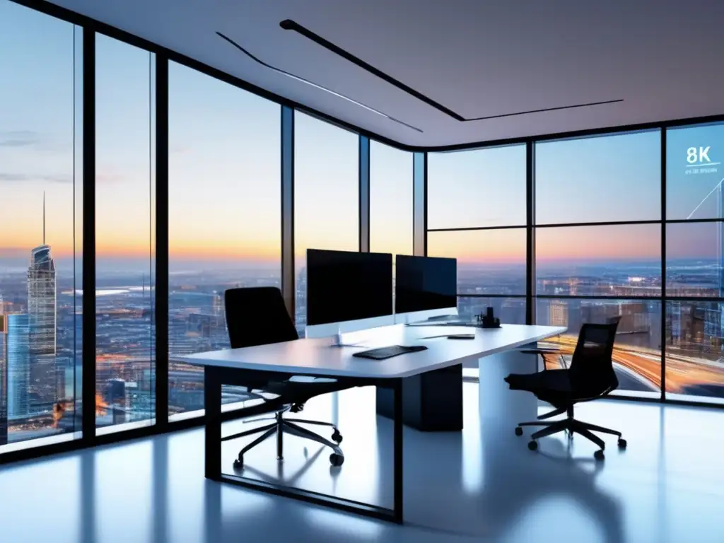 Oficina moderna con vista a la ciudad y dashboard de análisis Espacio de oficina moderno con ventanales y vista a la ciudad