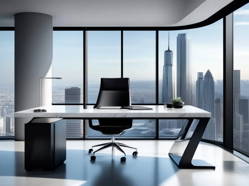 Oficina moderna con vista panorámica de ciudad, escritorio de mármol blanco, silla ergonómica y estantería de libros sobre marketing de afiliados