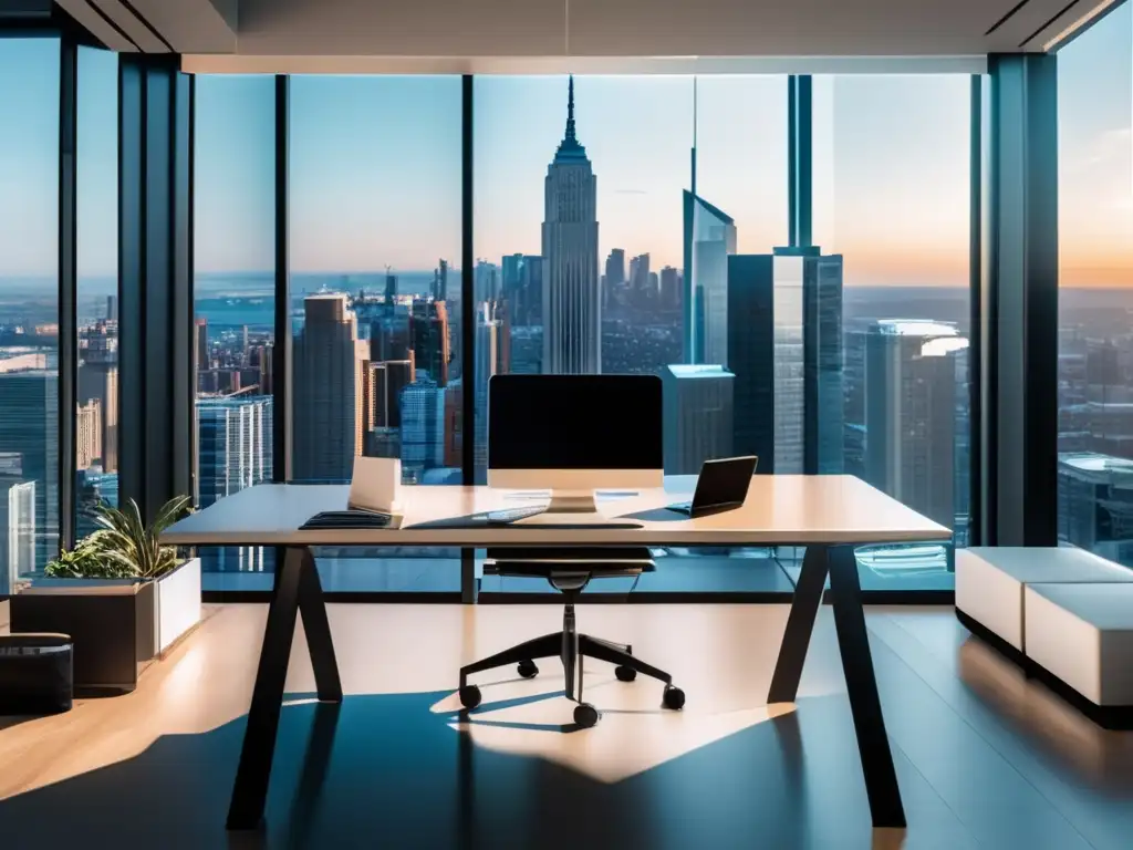 Oficina moderna con vista a la ciudad Oficina moderna con vista panorámica de la ciudad y herramientas para el marketing de afiliados