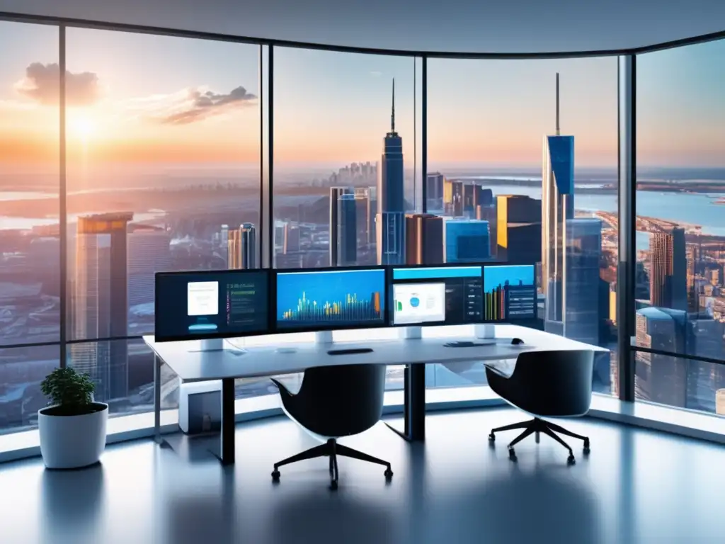 Espacio de oficina moderno con tecnología avanzada Oficina moderna con escritorios blancos, sillas ergonómicas y vista a la ciudad