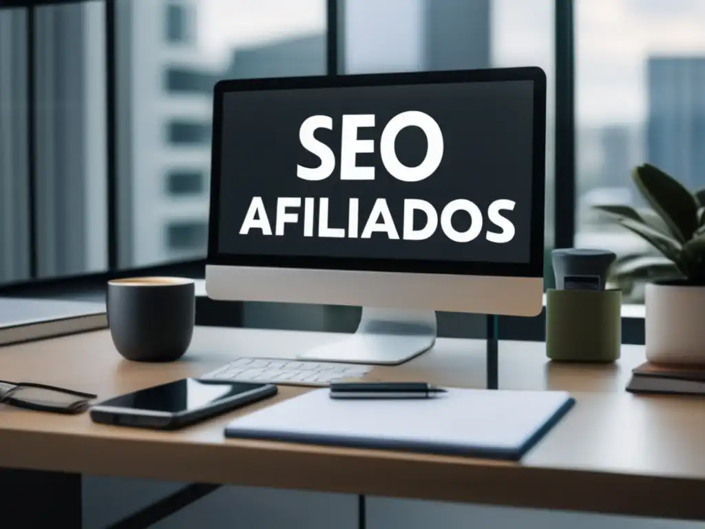 Espacio de oficina moderno con SEO eficiente Oficina moderna con escritorio, monitor de análisis de palabras clave y libro de
