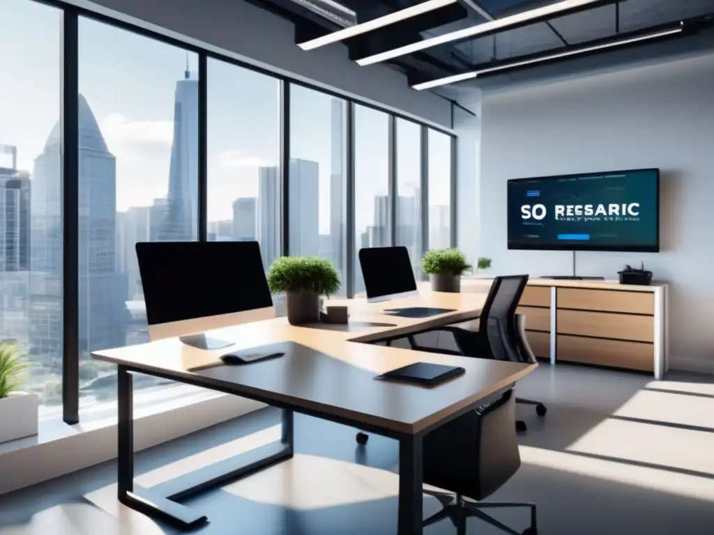Oficina moderna y luminosa con SEO Oficina moderna con luz natural, escritorio organizado y herramientas de SEO para aumentar ingresos en marketing de afiliados