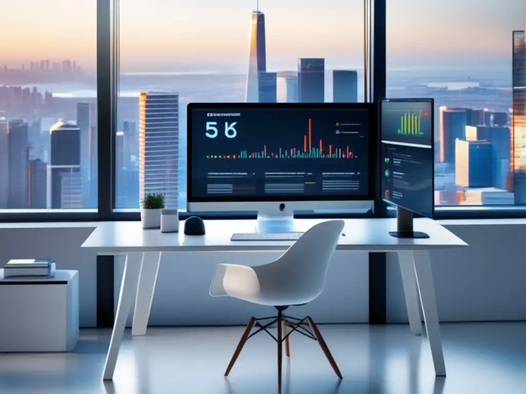 Espacio de oficina minimalista con datos SEO Influencia del SEO en el marketing de afiliados en una oficina moderna minimalista con vista a la ciudad