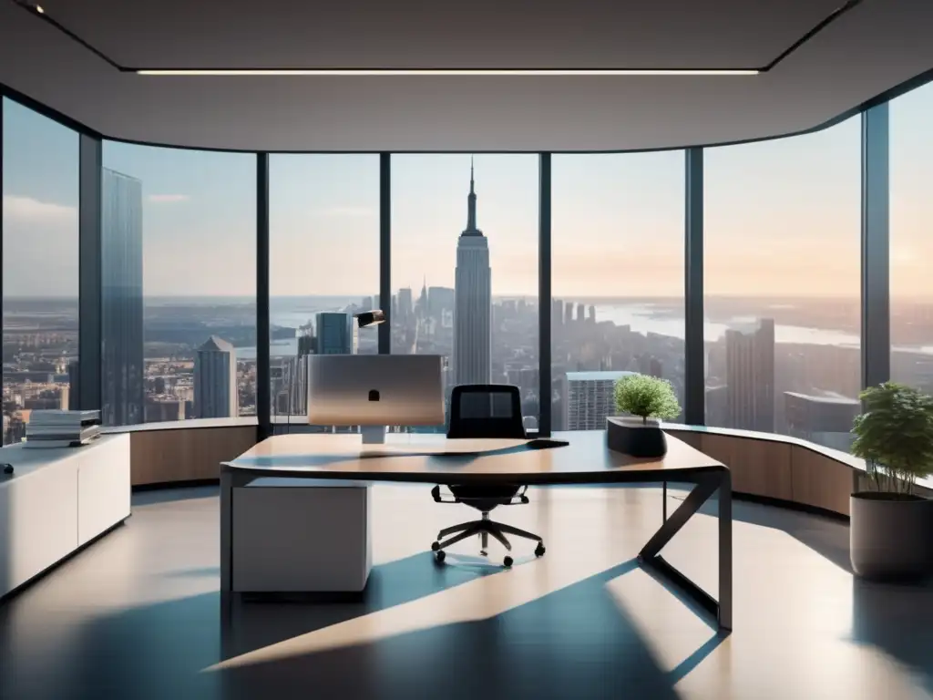 Oficina moderna con vista panorámica Oficina moderna con vista panorámica de la ciudad, ambiente minimalista y tecnología avanzada
