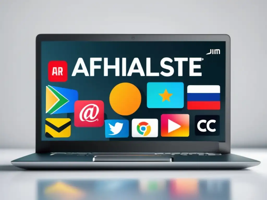 Laptop con logos de programas de afiliados Laptop con pantalla vibrante muestra los mejores programas de afiliados para maximizar ingresos en marketing de afiliados
