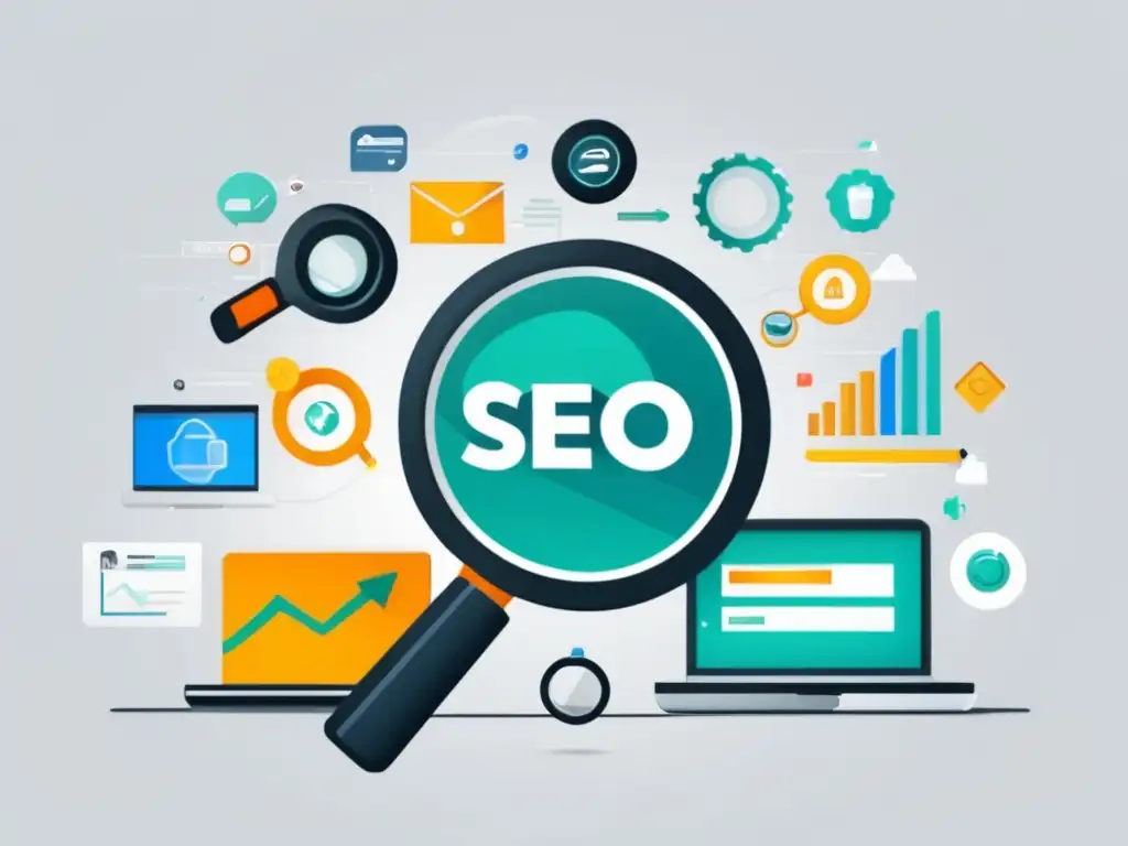 Optimización de afiliados a través de SEO Ilustración moderna de SEO para marketing de afiliados, con diseño limpio y búsqueda de productos/servicios a través de una lupa