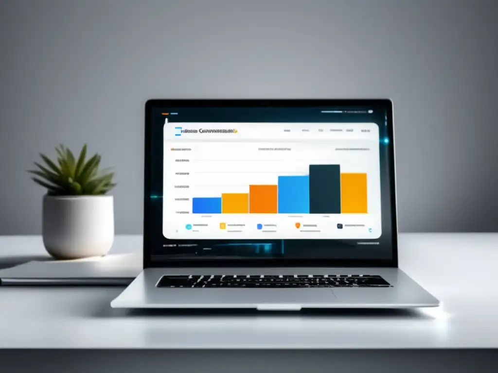 Laptop y dashboard de optimización de conversiones Imagen: Laptop blanco con dashboard de métricas para optimización de conversiones en marketing de afiliados