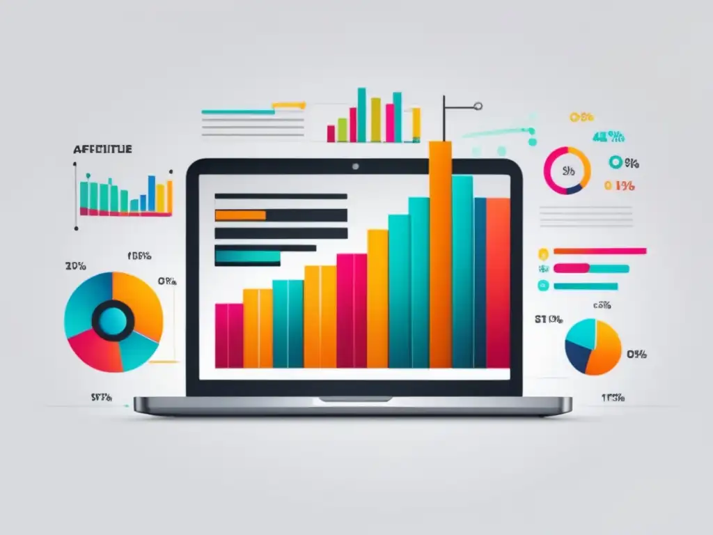 Laptop moderno con gráfico de conversiones Laptop moderno en escritorio blanco; gráfico vibrante de estrategias de optimización de conversiones en marketing de afiliados