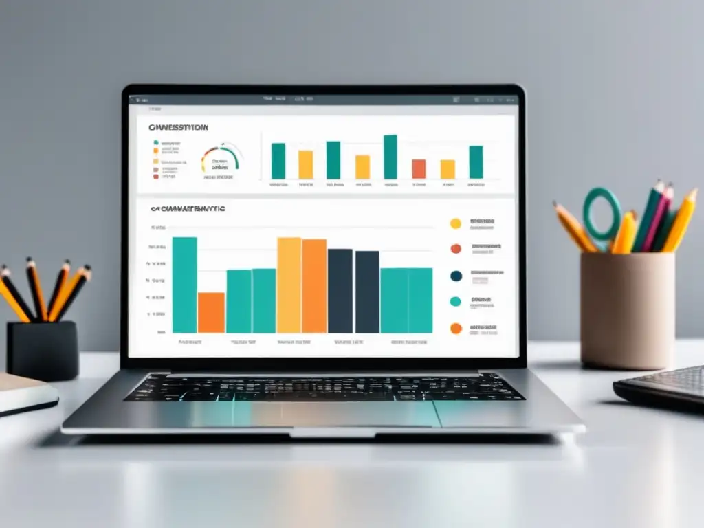 Laptop con gráficos de análisis de datos Laptop moderno con gráficos de análisis de datos en estrategias de optimización en marketing de afiliados