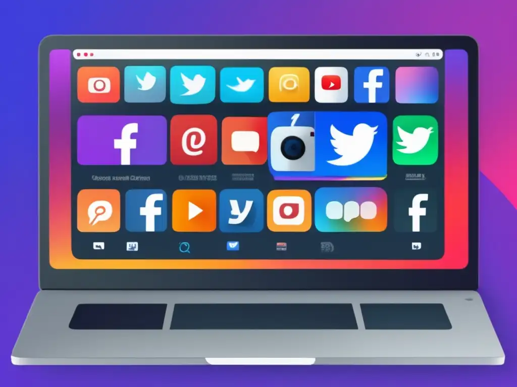 Laptop con contenido optimizado para redes y streaming Pantalla minimalista de laptop con iconos de redes sociales y plataformas de streaming, optimizada para tendencias del marketing de afiliados