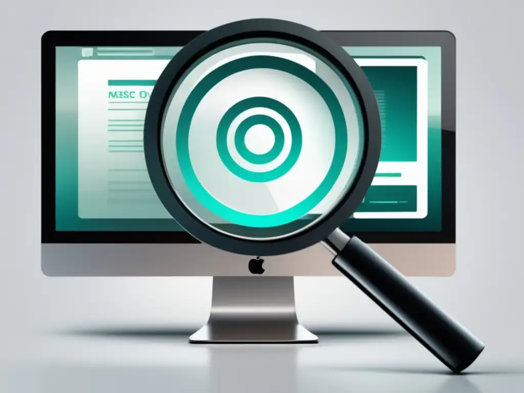 Potente SEO con lupa en pantalla Imagen moderna de diseño minimalista con una lupa en una pantalla de ordenador, resaltando su importancia en SEO y marketing de afiliados