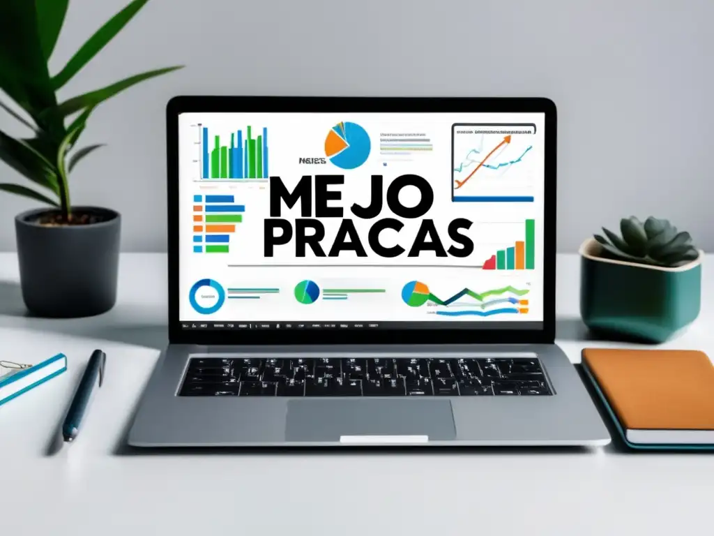 Laptop SEO y prácticas de SEO Laptop y objetos SEO: Gráfica tráfico web, 'Mejores prácticas de SEO', palabras clave y reloj minimalista