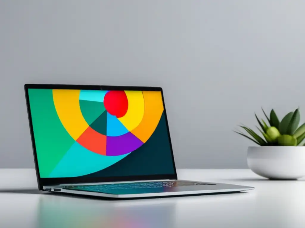 Laptop minimalista maximizando ingresos con SEO Laptop minimalista en un escritorio blanco, maximizando ingresos de programa afiliados eBay con estrategias SEO