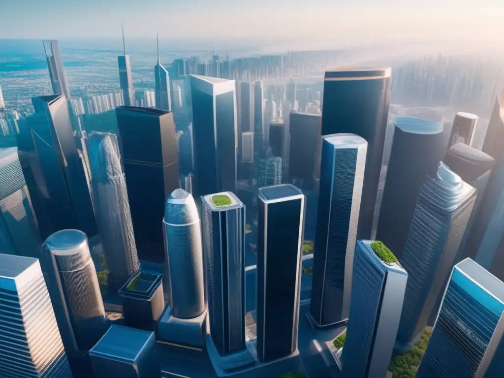 Paisaje digital con rascacielos Estrategias de contenido para marketing de afiliados en una imagen futurista de paisaje digital con rascacielos y naturaleza