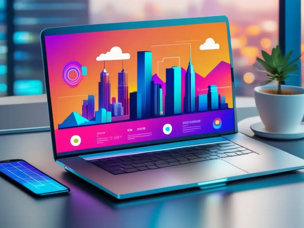 Tecnología moderna para mejorar ventas de afiliados Laptop futurista con herramientas de SEO para aumentar ventas en marketing de afiliados