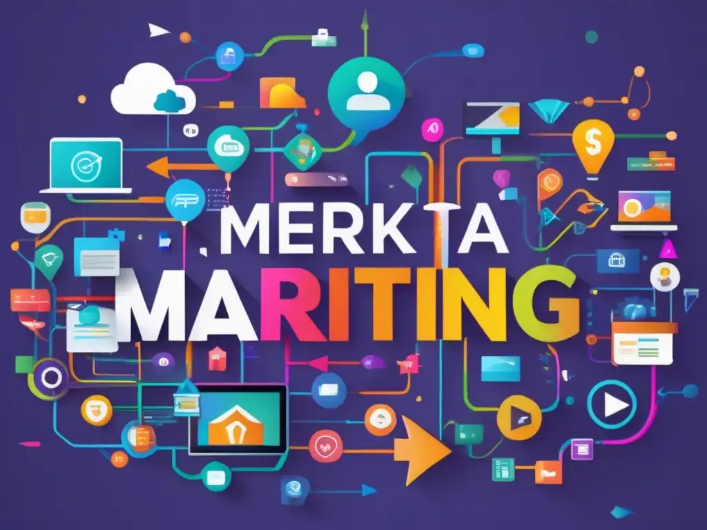 Paisaje de marketing digital: redes y elementos coloridos Paisaje vibrante de marketing digital con elementos interconectados que representan las leyes de marketing de afiliados
