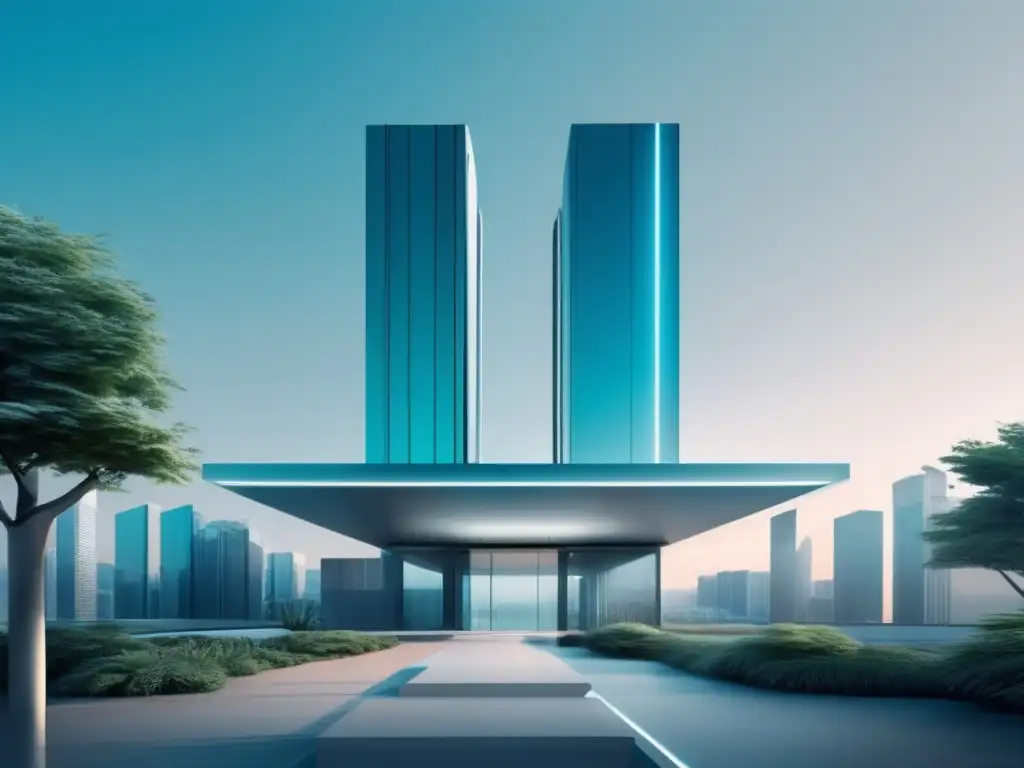 Paisaje tecnológico moderno Paisaje tecnológico moderno con edificio futurista rodeado de parque verde y cielo despejado