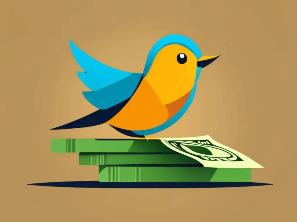 Pájaro de Twitter en billetes de dólar: éxito financiero en Twitter Ilustración minimalista y moderna de un pájaro de Twitter en un montón de billetes