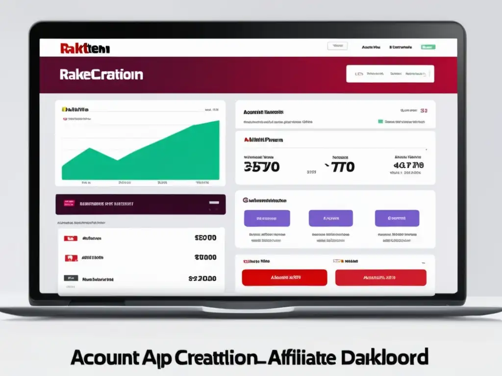 Pantalla minimalista Rakuten Affiliate Program Pantalla de laptop Rakuten: programa de afiliados, diseño minimalista, navegación intuitiva, ingresos pasivos