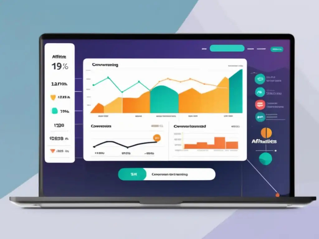 Pantalla de laptop con dashboard de analytics y landing page optimizada Laptop con pantalla dividida: métricas clave para mejorar conversiones en marketing de afiliados