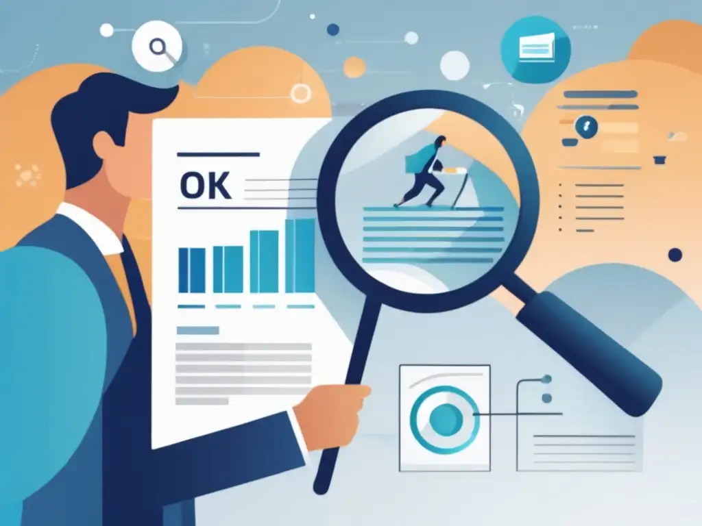 Privacidad y marketing de afiliados Persona con lupa, documentos legales, datos y marketing de afiliados