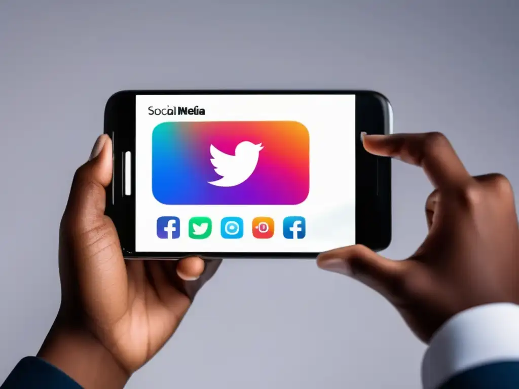Persona con smartphone y vibrante interfaz de redes sociales Imagen: Persona sosteniendo smartphone con interfaz de redes sociales vibrante