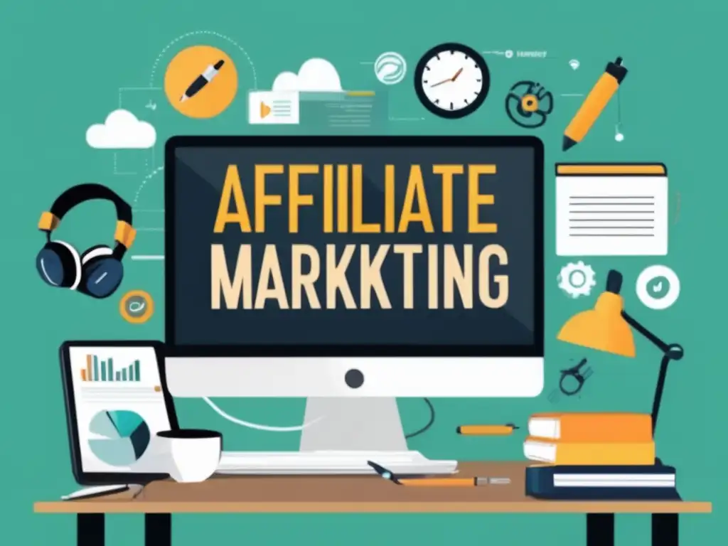 Ilustración de marketing de afiliados con herramientas y estrategias Ilustración minimalista de persona en escritorio, herramientas y elementos de marketing afiliado