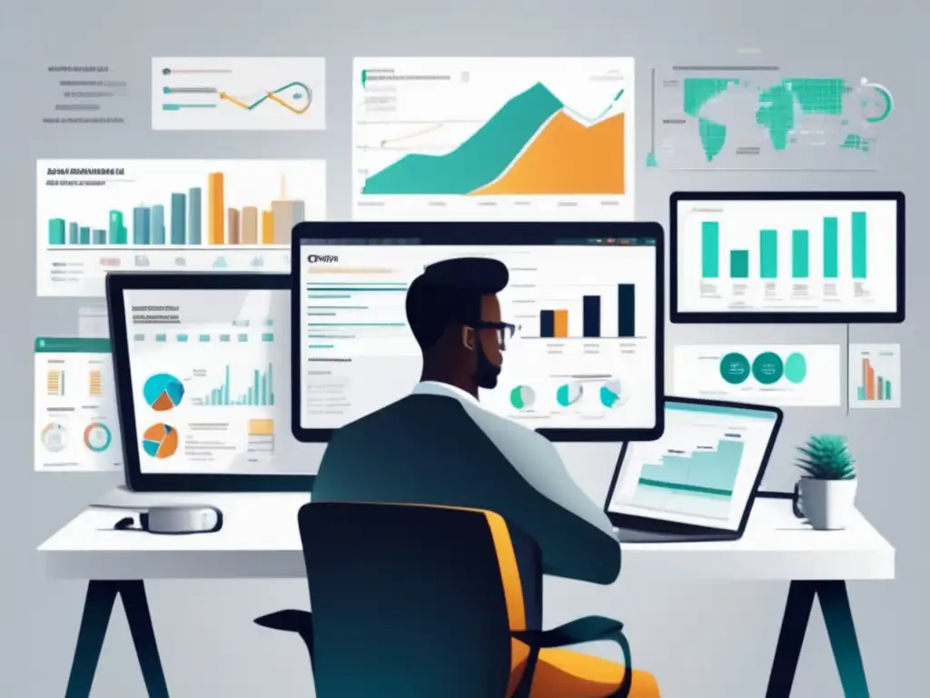 Persona en escritorio moderno, haciendo investigación de mercado Persona en oficina con herramientas de research para marketing de afiliados