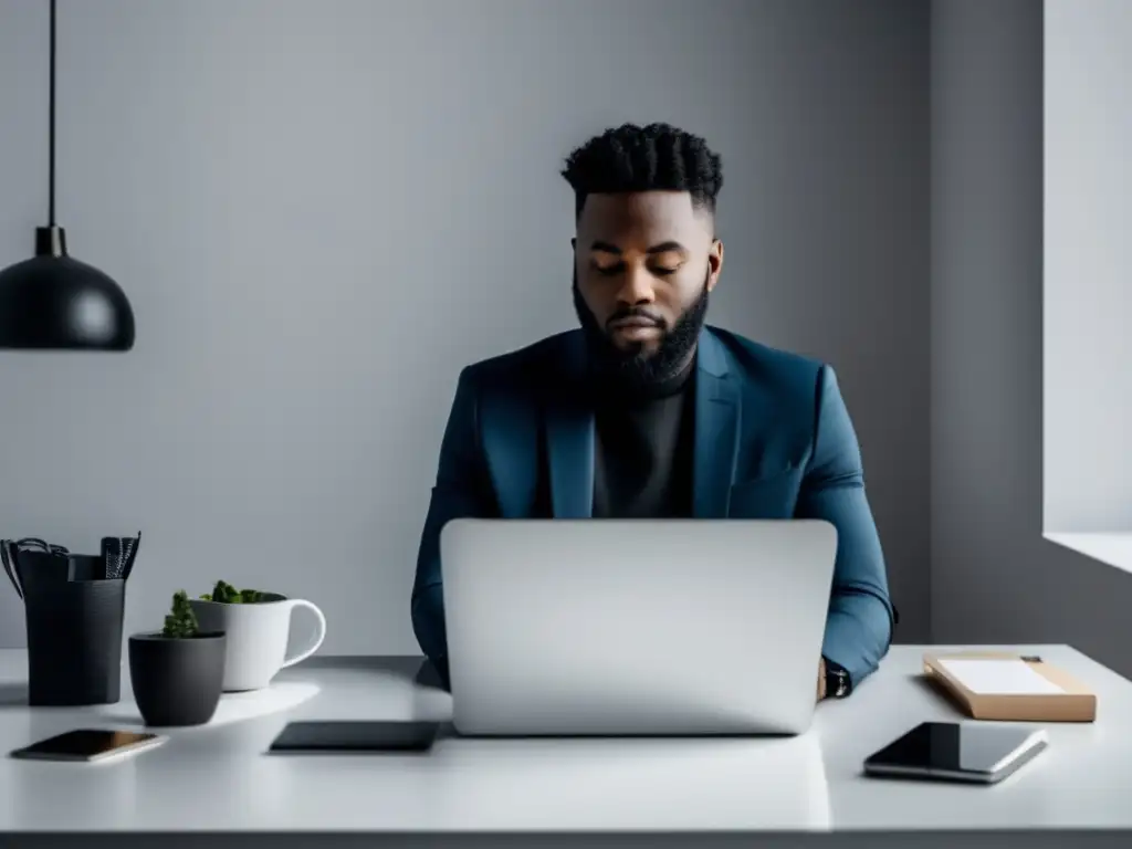 Persona trabajando en escritorio minimalista Persona enfocada en escritorio blanco con laptop, simbolizando pasos clave para comenzar en el marketing de afiliados