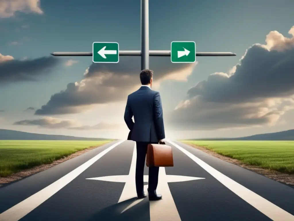 Dilemas éticos y legales del marketing de afiliados Dilemas legales y éticos del marketing de afiliados: persona en cruzamiento de caminos, traje de negocios, maletín, reflexionando