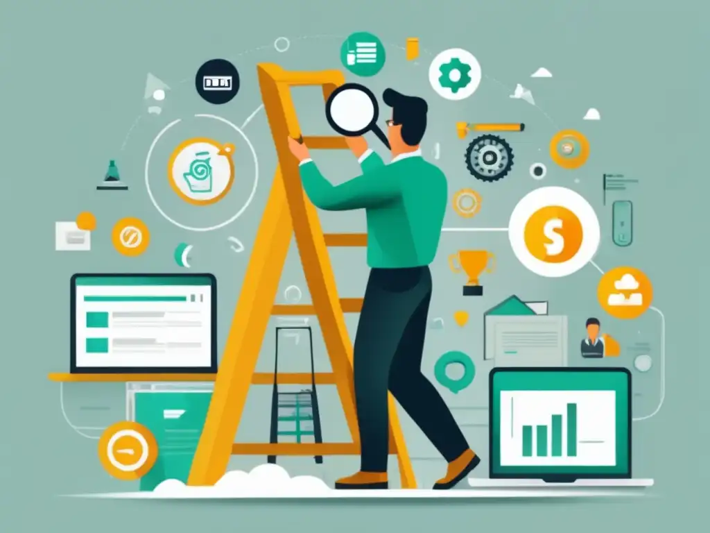 Estrategia de marketing afiliado Ilustración moderna de una persona en una escalera rodeada de herramientas de SEO para marketing de afiliados