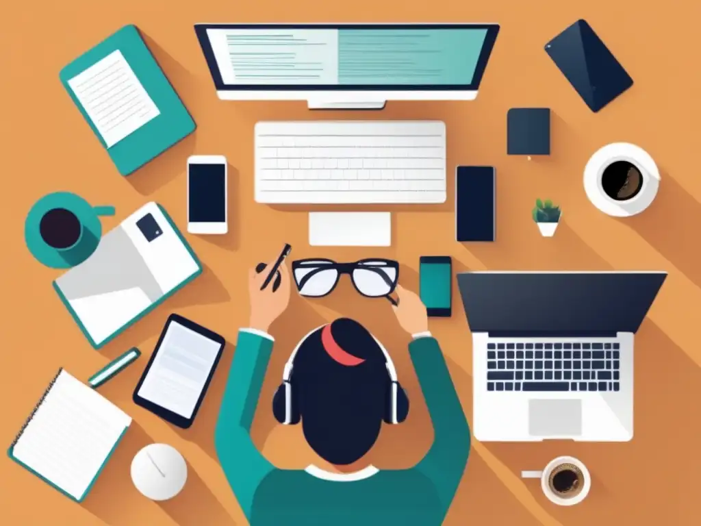 Persona creando contenido en un espacio de trabajo organizado Persona trabajando en un escritorio moderno rodeado de dispositivos digitales