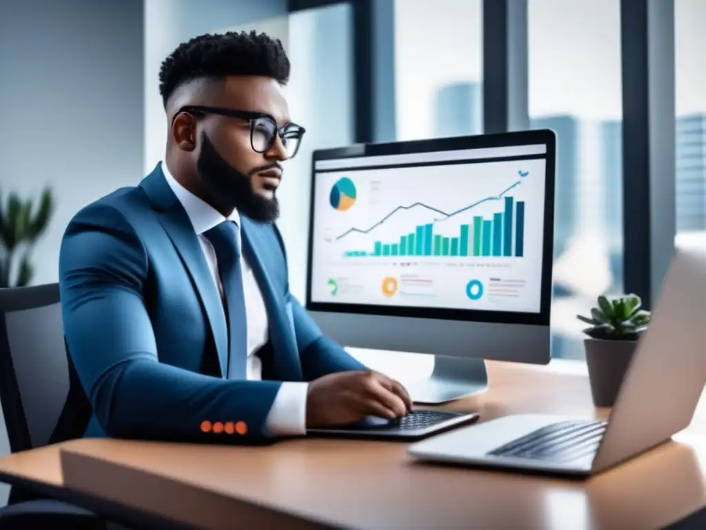 Persona trabajando en escritorio moderno Persona en escritorio moderno con laptop y gráfico de crecimiento, simbolizando estrategias efectivas de marketing de afiliados