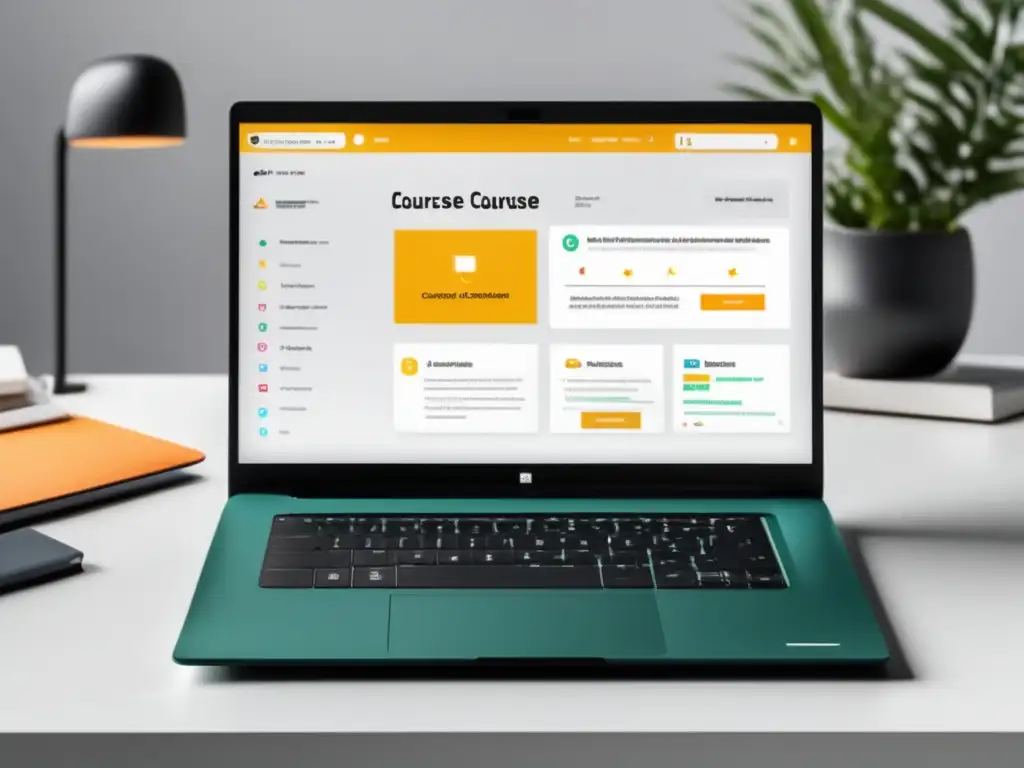 Laptop minimalista en escritorio blanco con plataforma de cursos en línea Imagen de plataforma de cursos online con programas de afiliados