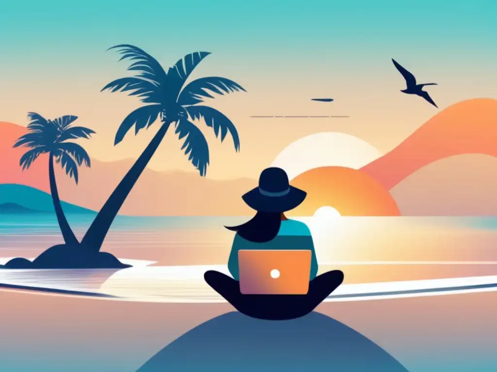 Trabajo remoto y libertad Persona en la playa generando ingresos pasivos con programas de afiliados