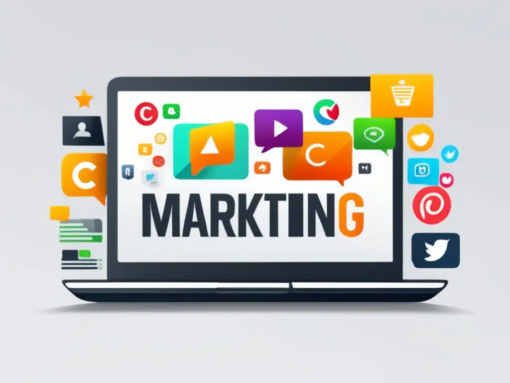 Laptop con pantalla vibrante y símbolos de marketing de afiliados Imagen de laptop con estrategias de marketing de afiliados efectivas