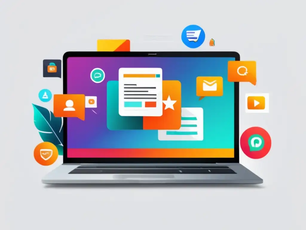 Elegante laptop con iconos y gráficos de marketing de afiliados Laptop moderno y minimalista con pantalla vibrante mostrando iconos y gráficos de marketing de afiliados